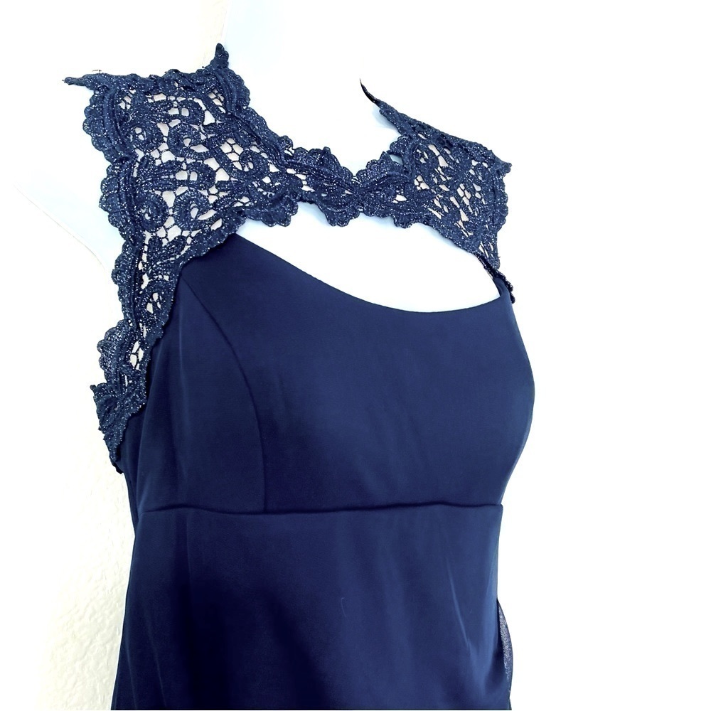 Xscape Navy Metallic Lace Keyhole Front Maxi Dress Size 10